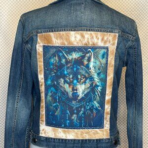 OOAK UpCycled Jean Jacket Wolf applique braided blue leather & cowhide trim - M